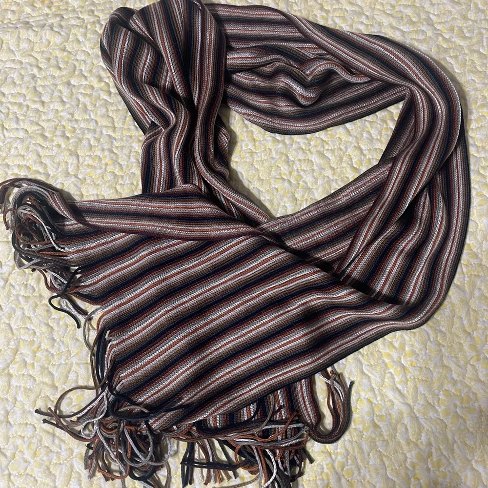 Coldwater Creek Infinity Ribbed Knit Striped Brown and Tan Scarf 64” X 10”
